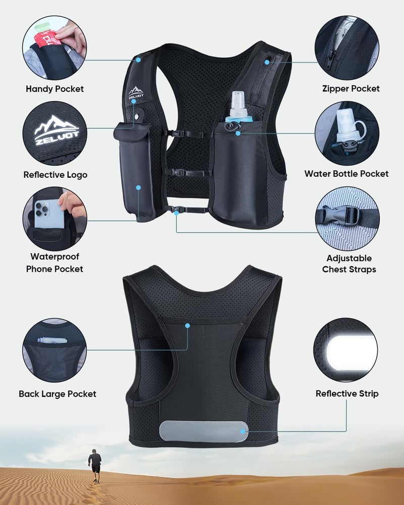 Zelvot Running Vest for Women Men, USA Original Patent, Adjustable Chest Straps Running Hydration Vest with 500ml Soft Flask, Lightweight Reflective Hydration Backpack for Marathon - Image 5